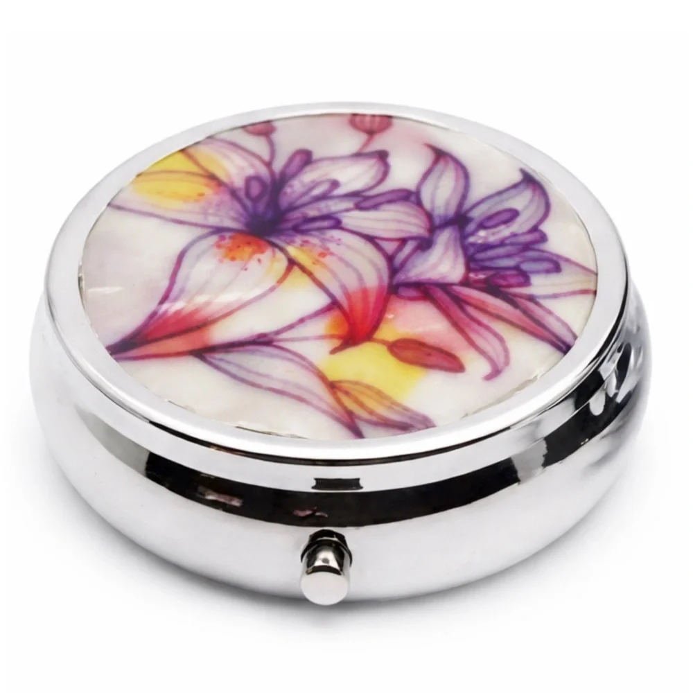 Purple Pink Lily Floral Pill Box 3 Compartment Travel Organizer